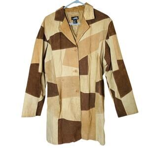 VTG LIPS Women Geometric Coat Jacket Genuine Leather Button Brown 1X Patchwork